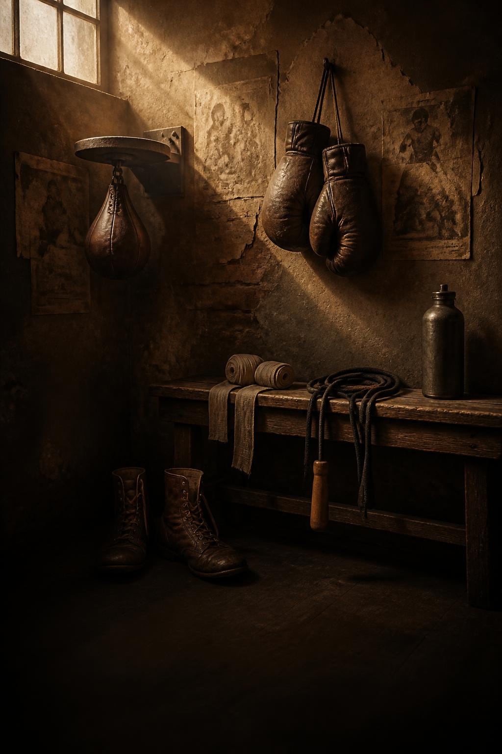 Academia de boxe antiga com luvas de couro, pera de velocidade, bandagens e corda